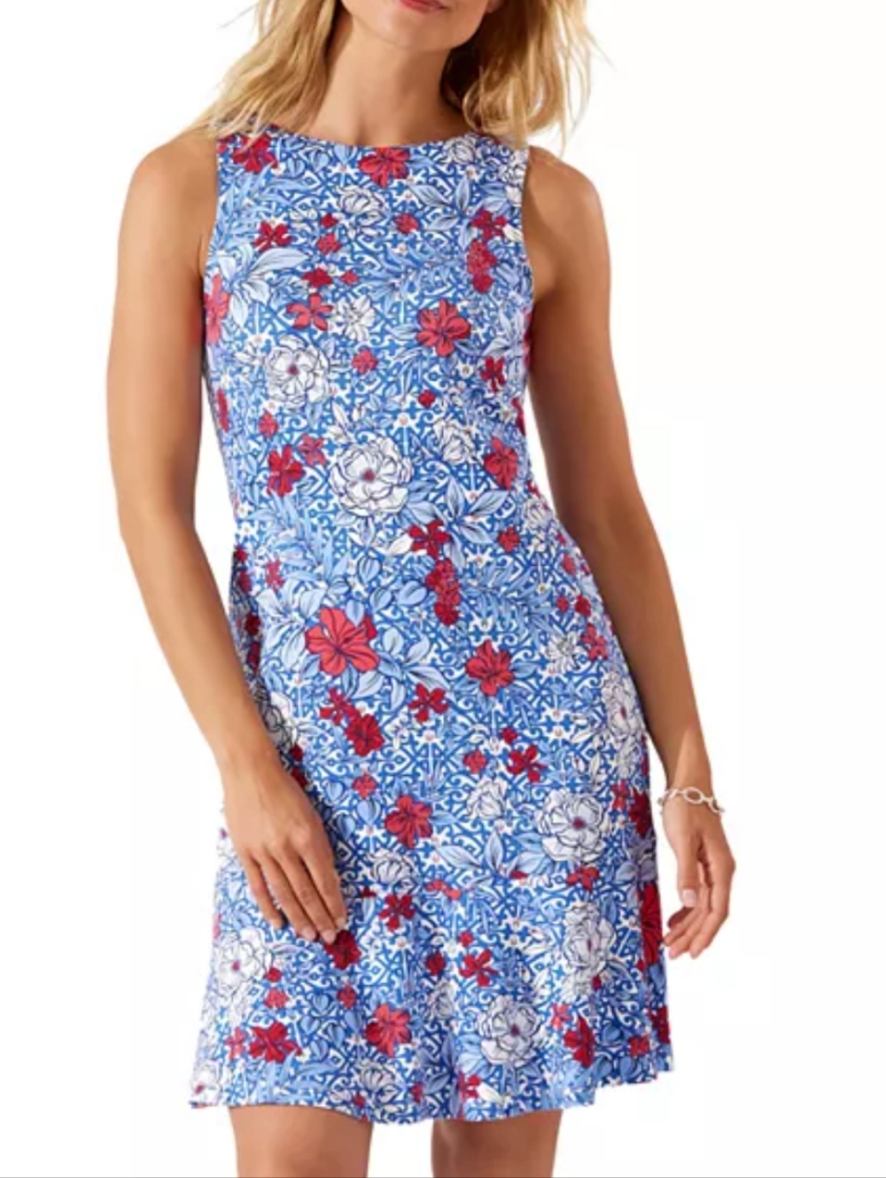Tommy Bahama Darcy Geo Garden Flounce Dress Floral Ponte Shift Blue Size Medium - Picture 5 of 5